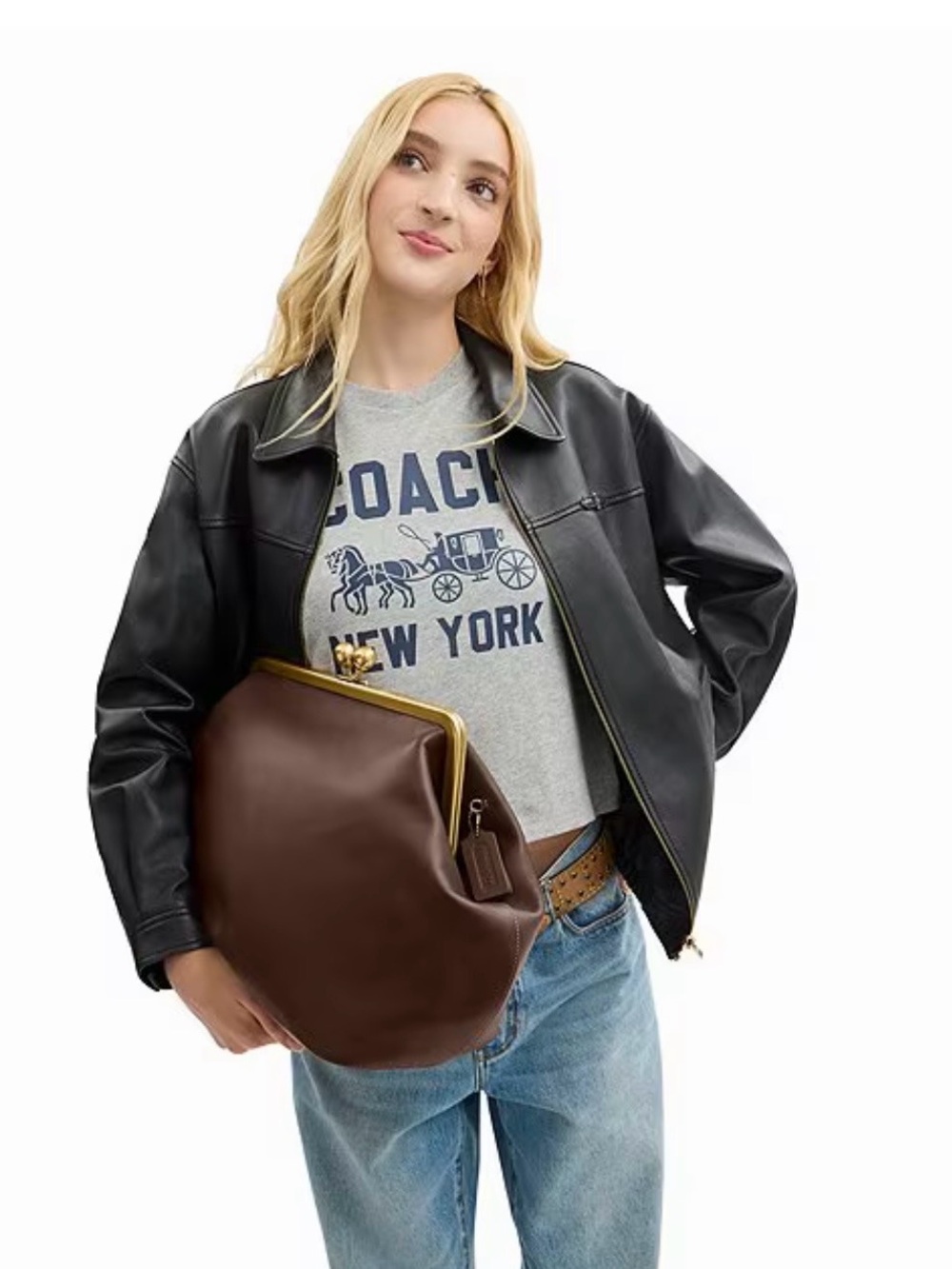 Coach Large Kisslock Frame Leather Shoulder Bag  Clutch In Dark Brown CBR51